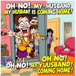 A comedic and playful movie poster titled 'Oh No! My Husband is Coming Home! Hide in the Closet, Quick!'