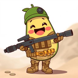 A kawaii-style tactical military avocado character cheerfully holding a grenade launcher in its hands