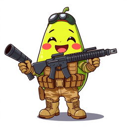 A kawaii-style tactical military avocado character cheerfully holding a grenade launcher in its hands