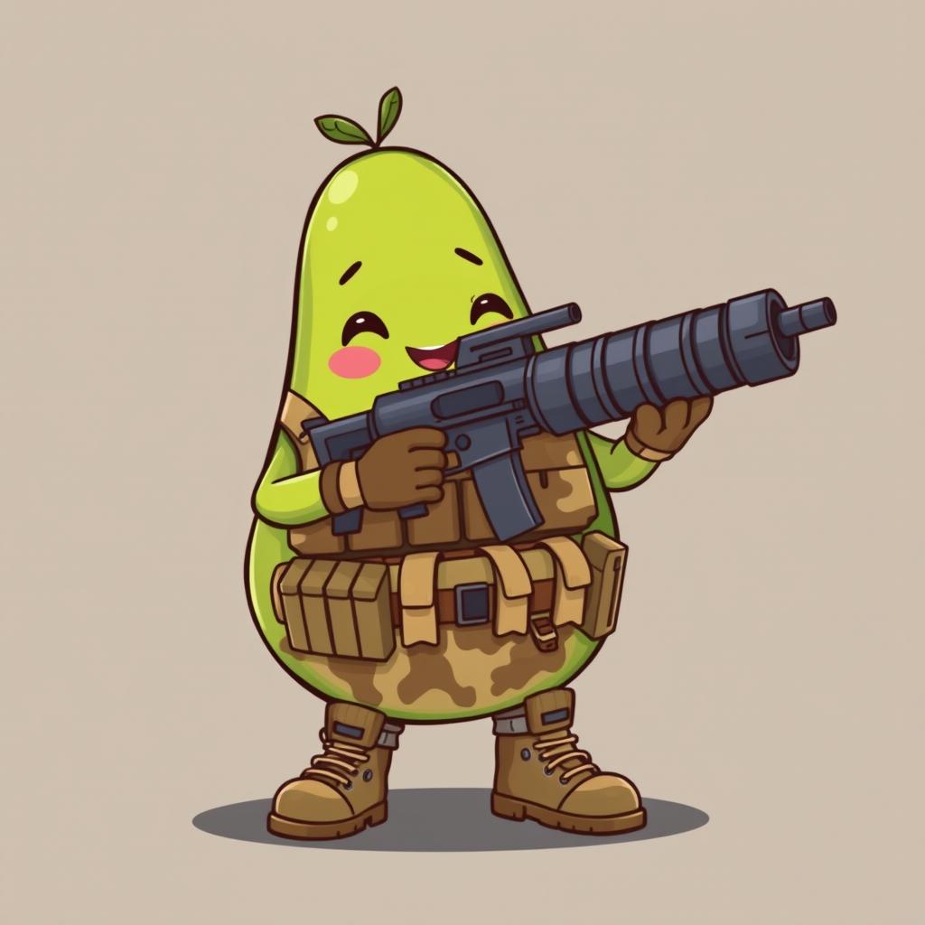 A kawaii-style tactical military avocado character cheerfully holding a grenade launcher in its hands