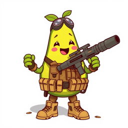 A kawaii-style tactical military avocado character cheerfully holding a grenade launcher in its hands