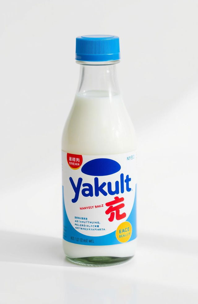 A detailed representation of a Yakult bottle, showcasing its distinctive small, cylindrical shape, vibrant blue cap, and cheerful, colorful labeling featuring the iconic Yakult logo