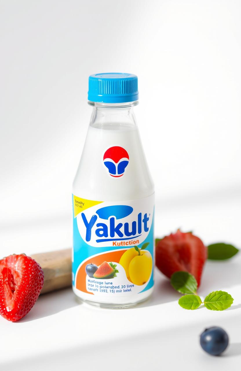 A detailed representation of a Yakult bottle, showcasing its distinctive small, cylindrical shape, vibrant blue cap, and cheerful, colorful labeling featuring the iconic Yakult logo