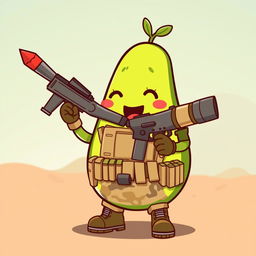 A kawaii-style tactical military avocado character happily holding a rocket launcher in its hands