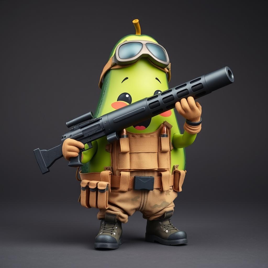 A kawaii-style tactical military avocado character happily holding a rocket launcher in its hands