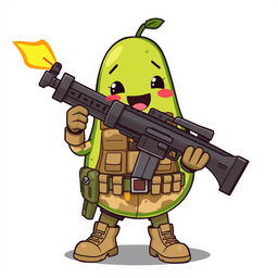 A kawaii-style tactical military avocado character happily holding a rocket launcher in its hands