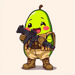 A kawaii-style tactical military avocado character happily holding a rocket launcher in its hands