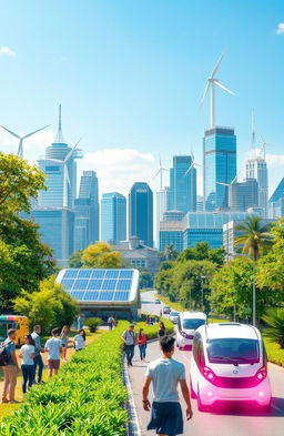 A futuristic scene depicting a clean and vibrant city skyline powered by sustainable hydrogen energy