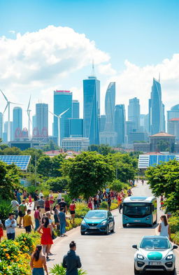 A futuristic scene depicting a clean and vibrant city skyline powered by sustainable hydrogen energy