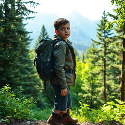 A young adventurer standing at the edge of a lush green forest, wearing a rugged leather jacket, a backpack filled with gear, and sturdy boots