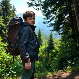 A young adventurer standing at the edge of a lush green forest, wearing a rugged leather jacket, a backpack filled with gear, and sturdy boots