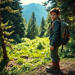 A young adventurer standing at the edge of a lush green forest, wearing a rugged leather jacket, a backpack filled with gear, and sturdy boots