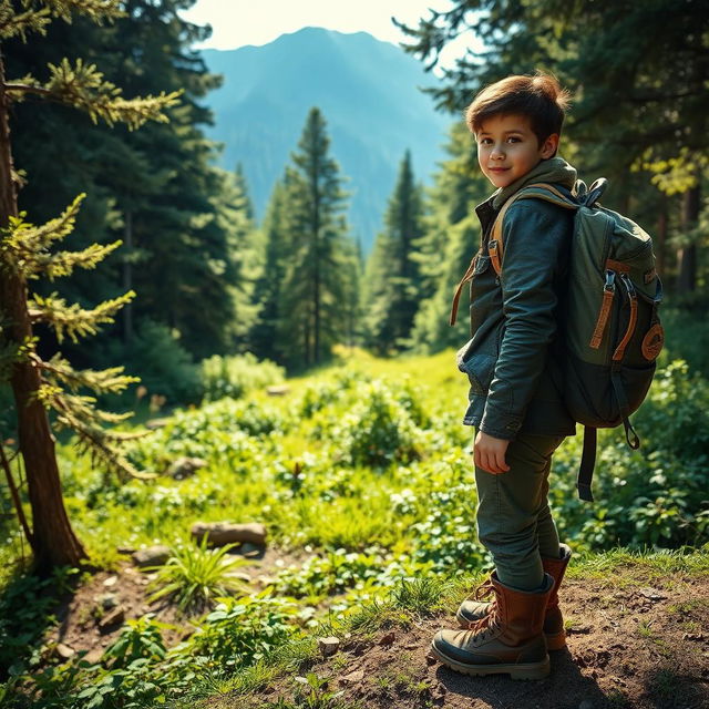 A young adventurer standing at the edge of a lush green forest, wearing a rugged leather jacket, a backpack filled with gear, and sturdy boots