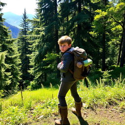 A young adventurer standing at the edge of a lush green forest, wearing a rugged leather jacket, a backpack filled with gear, and sturdy boots