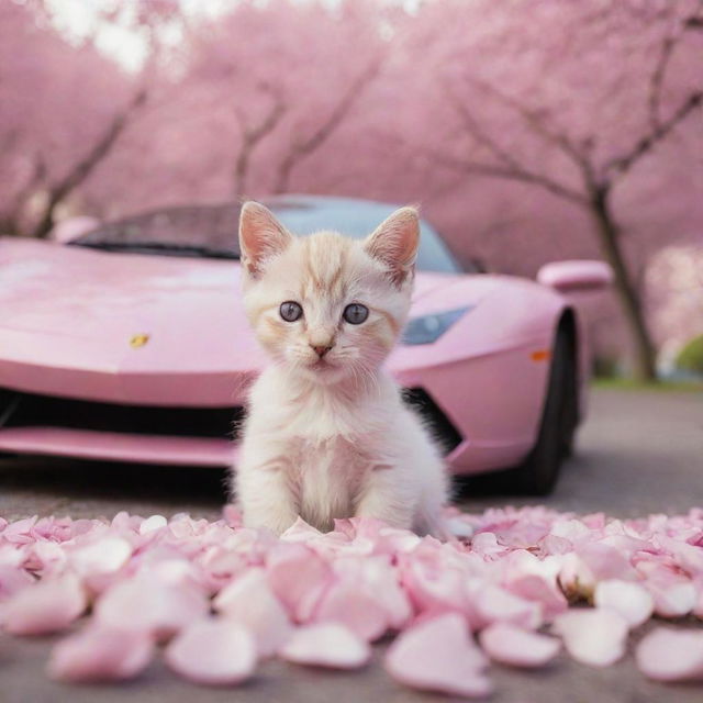 A delightful image of a tiny kitten gracefull resting on a glossy light pink Lamborghini, juxtaposed with petals from a nearby pink blossom tree drifting onto the car and ground.