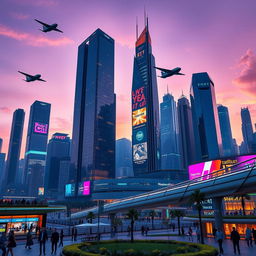 A futuristic city skyline at dusk, showcasing soaring skyscrapers with neon lights glowing in brilliant colors