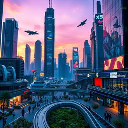 A futuristic city skyline at dusk, showcasing soaring skyscrapers with neon lights glowing in brilliant colors