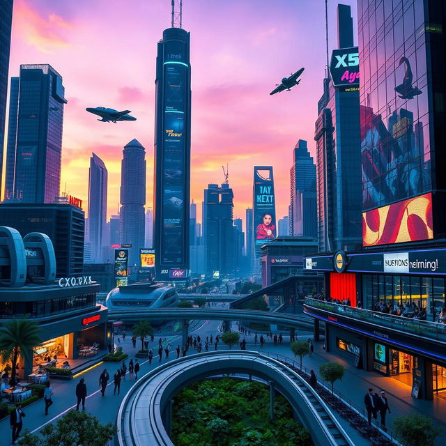 A futuristic city skyline at dusk, showcasing soaring skyscrapers with neon lights glowing in brilliant colors