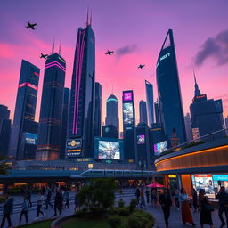 A futuristic city skyline at dusk, showcasing soaring skyscrapers with neon lights glowing in brilliant colors