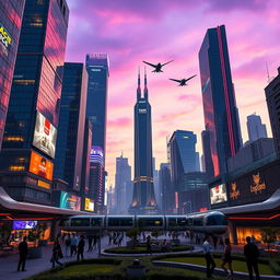 A futuristic city skyline at dusk, showcasing soaring skyscrapers with neon lights glowing in brilliant colors