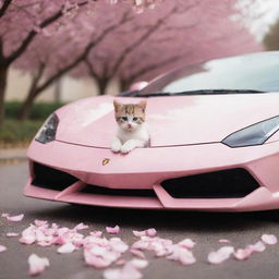 A delightful image of a tiny kitten gracefull resting on a glossy light pink Lamborghini, juxtaposed with petals from a nearby pink blossom tree drifting onto the car and ground.