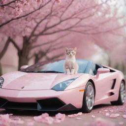 A delightful image of a tiny kitten gracefull resting on a glossy light pink Lamborghini, juxtaposed with petals from a nearby pink blossom tree drifting onto the car and ground.