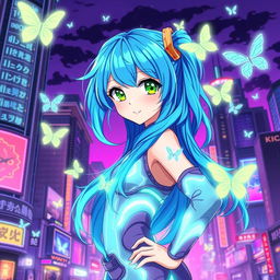 A stunning anime girl with vibrant blue hair styled in long flowing waves, wearing a futuristic outfit that glows softly in neon colors