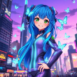 A stunning anime girl with vibrant blue hair styled in long flowing waves, wearing a futuristic outfit that glows softly in neon colors