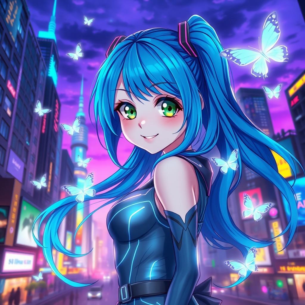 A stunning anime girl with vibrant blue hair styled in long flowing waves, wearing a futuristic outfit that glows softly in neon colors