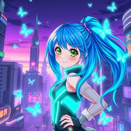 A stunning anime girl with vibrant blue hair styled in long flowing waves, wearing a futuristic outfit that glows softly in neon colors