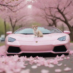 A delightful image of a tiny kitten gracefull resting on a glossy light pink Lamborghini, juxtaposed with petals from a nearby pink blossom tree drifting onto the car and ground.