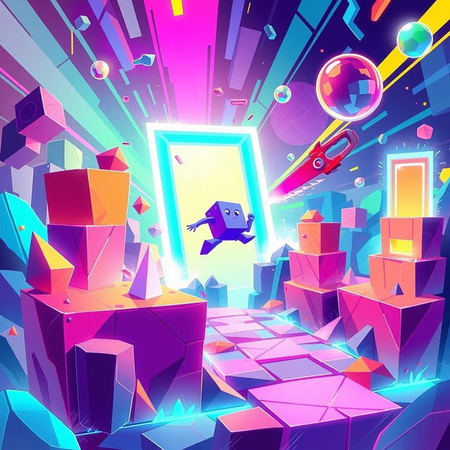 A vibrant, colorful illustration representing the essence of a modern platform game, featuring a diverse array of geometric shapes and obstacles