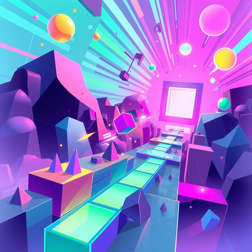 A vibrant, colorful illustration representing the essence of a modern platform game, featuring a diverse array of geometric shapes and obstacles