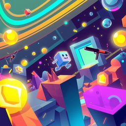 A vibrant, colorful illustration representing the essence of a modern platform game, featuring a diverse array of geometric shapes and obstacles