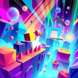 A vibrant, colorful illustration representing the essence of a modern platform game, featuring a diverse array of geometric shapes and obstacles