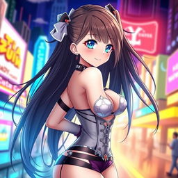 A beautiful anime girl with long flowing hair, wearing a stylish and revealing outfit that accentuates her figure