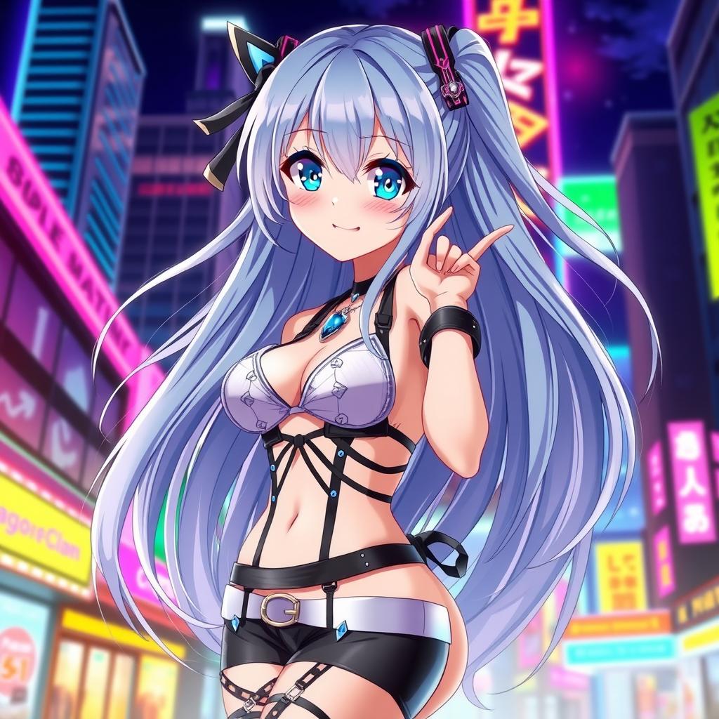 A beautiful anime girl with long flowing hair, wearing a stylish and revealing outfit that accentuates her figure