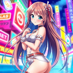 A beautiful anime girl with long flowing hair, wearing a stylish and revealing outfit that accentuates her figure