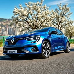 A sleek and modern Renault Megane parked on a scenic street, showcasing its aerodynamic design and stylish curves