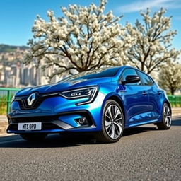 A sleek and modern Renault Megane parked on a scenic street, showcasing its aerodynamic design and stylish curves