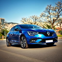 A sleek and modern Renault Megane parked on a scenic street, showcasing its aerodynamic design and stylish curves