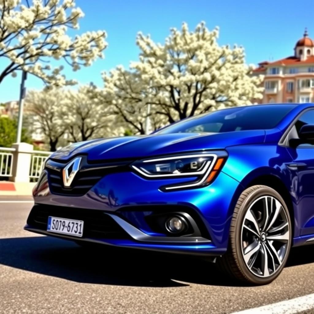 A sleek and modern Renault Megane parked on a scenic street, showcasing its aerodynamic design and stylish curves