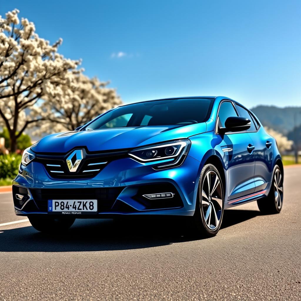 A sleek and modern Renault Megane parked on a scenic street, showcasing its aerodynamic design and stylish curves