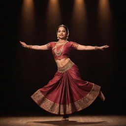 A Bharatanatyam dancer in a traditional costume, striking a dynamic pose on a stage with intricate patterns beneath her feet, and a soft, warm spotlight shining on her.