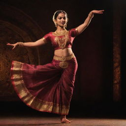 A Bharatanatyam dancer in a traditional costume, striking a dynamic pose on a stage with intricate patterns beneath her feet, and a soft, warm spotlight shining on her.