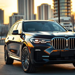 A sleek and luxurious BMW X7 showcased in an elegant urban environment during golden hour