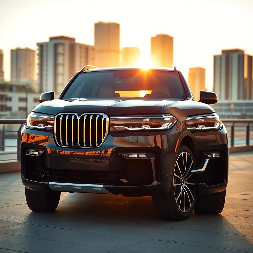 A sleek and luxurious BMW X7 showcased in an elegant urban environment during golden hour