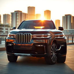 A sleek and luxurious BMW X7 showcased in an elegant urban environment during golden hour