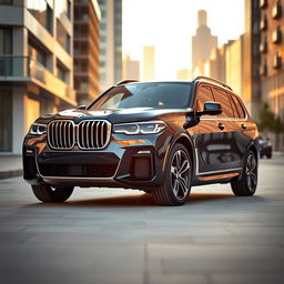 A sleek and luxurious BMW X7 showcased in an elegant urban environment during golden hour