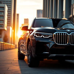 A sleek and luxurious BMW X7 showcased in an elegant urban environment during golden hour